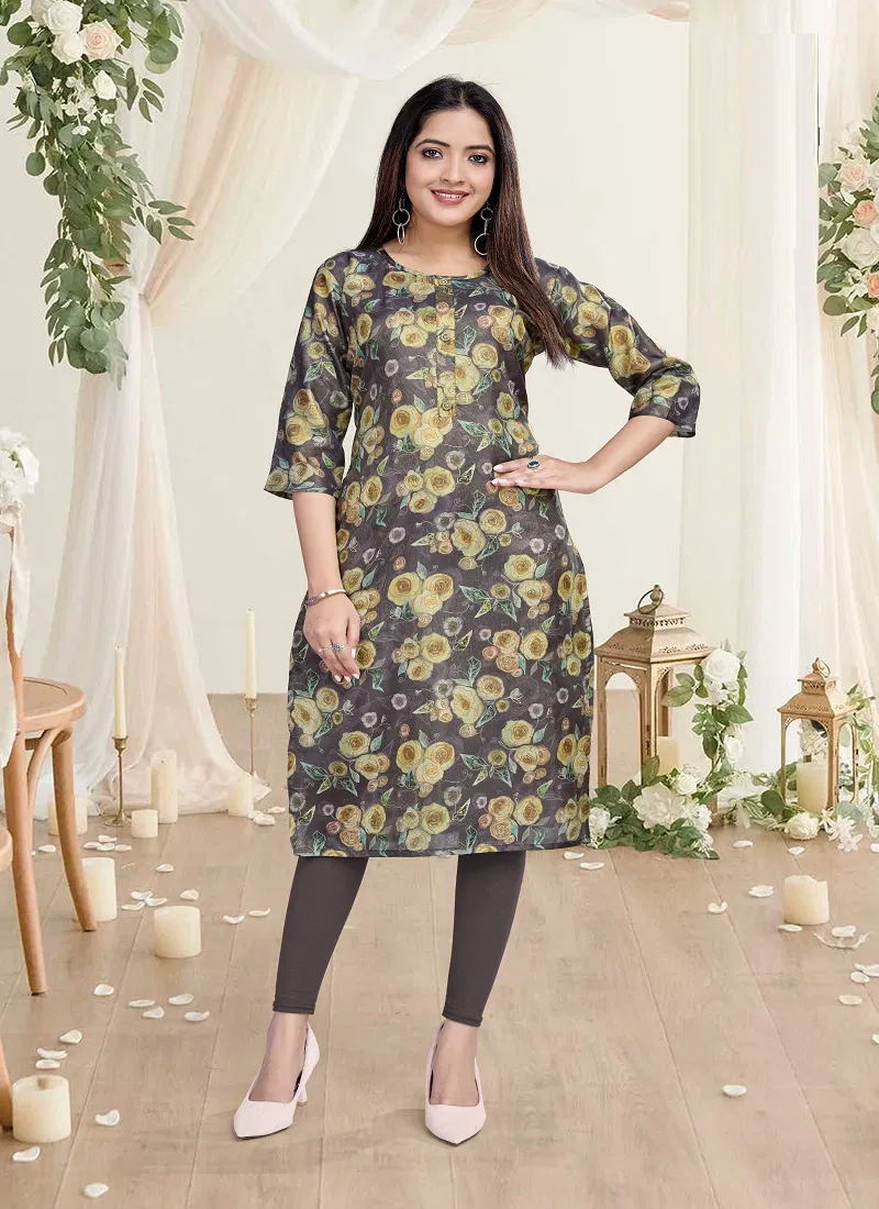 Shelly A line Printed Premuim Tissue Simmer Kurti Suppliers In India Catalog